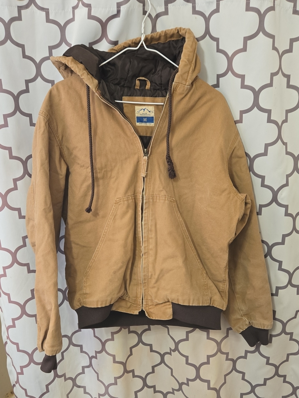 Men's Tan Hooded Work Jacket with Quilted Brown Lining - Unbranded